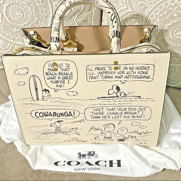 COACH X Peanuts SNOOPY Rogue Bag Straps + Dust Bag Newspaper Print RARE NWT - Picture 1 of 9